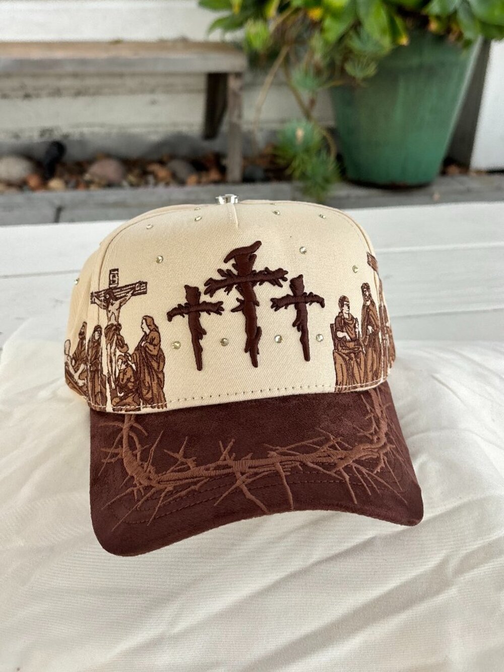 XCAP Viacrucis Beige Premium Cap Snapback Hat Adjustable Embroidered Crosses wit